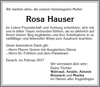 Traueranzeige von Rosa Hauser von Allgäuer Zeitung,Kempten