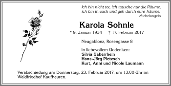 Traueranzeige von Karola Sohnle von Allgäuer Zeitung, Kaufbeuren/Buchloe