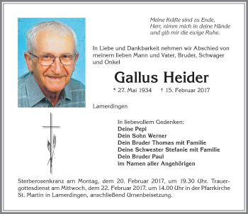Traueranzeige von Gallus Heider von Allgäuer Zeitung, Kaufbeuren/Buchloe