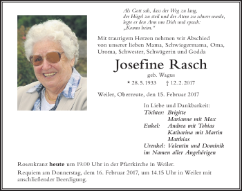 Traueranzeige von Josefine Rasch von Der Westallgäuer