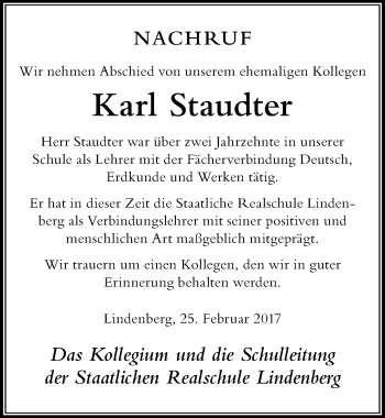 Traueranzeige von Karl Staudter von Der Westallgäuer