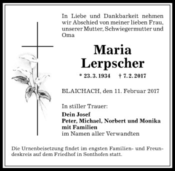 Traueranzeige von Maria Lerpscher von Allgäuer Anzeigeblatt