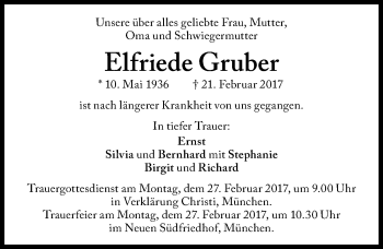 Traueranzeige von Elfriede Gruber von Memminger Zeitung