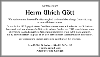 Traueranzeige von Ulrich Gött von Allgäuer Zeitung,Kempten