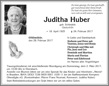 Traueranzeige von Juditha Huber von Allgäuer Zeitung, Marktoberdorf