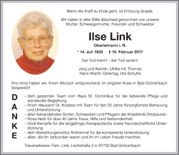 Traueranzeige von Ilse Link von Memminger Zeitung