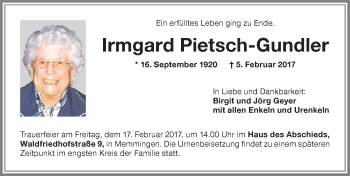 Traueranzeige von Irmgard Pietsch-Gundler von Memminger Zeitung