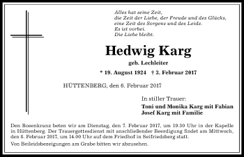 Traueranzeige von Hedwig Karg von Allgäuer Anzeigeblatt