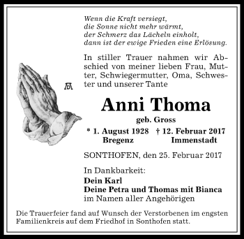 Traueranzeige von Anni Thoma von Allgäuer Anzeigeblatt