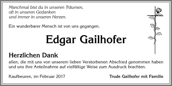 Traueranzeige von Edgar Gailhofer von Allgäuer Zeitung, Kaufbeuren/Buchloe