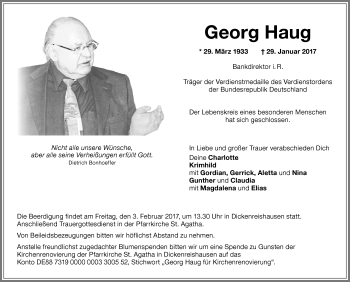 Traueranzeige von Georg Haug von Memminger Zeitung