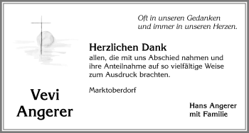 Traueranzeige von Vevi Angerer von Allgäuer Zeitung, Kaufbeuren/Buchloe