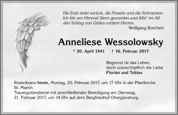 Traueranzeige von Anneliese Wessolowsky von Allgäuer Zeitung, Marktoberdorf