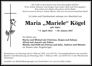 Traueranzeige von Maria Kögel von Allgäuer Anzeigeblatt