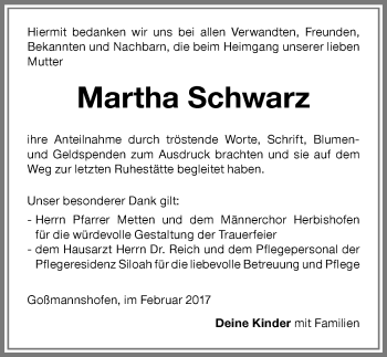 Traueranzeige von Martha Schwarz von Memminger Zeitung