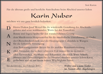 Traueranzeige von Karin Nuber von Der Westallgäuer