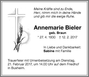 Traueranzeige von Annemarie Bieler von Memminger Zeitung