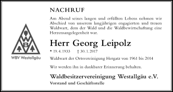 Traueranzeige von Georg Leipolz von Der Westallgäuer