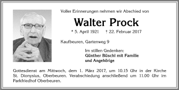 Traueranzeige von Walter Prock von Allgäuer Zeitung, Kaufbeuren/Buchloe