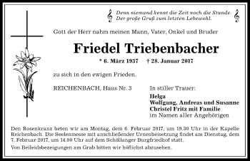 Traueranzeige von Friedel Triebenbacher von Allgäuer Anzeigeblatt