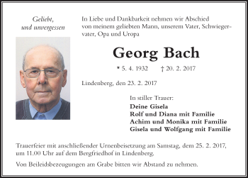 Traueranzeige von Georg Bach von Der Westallgäuer