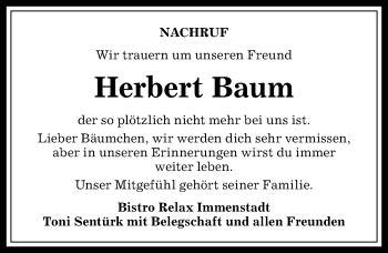 Traueranzeige von Herbert Baum von Allgäuer Anzeigeblatt