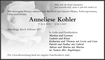 Traueranzeige von Anneliese Kohler von Der Westallgäuer