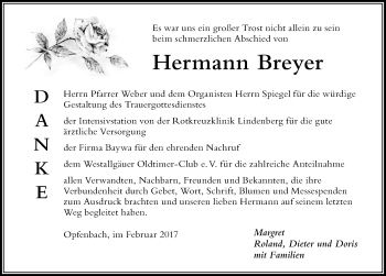 Traueranzeige von Hermann Breyer von Der Westallgäuer
