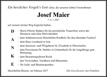 Traueranzeige von Josef Maier von Der Westallgäuer