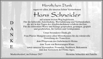 Traueranzeige von Hans  Schneider von Allgäuer Zeitung, Marktoberdorf