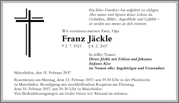 Traueranzeige von Franz Jäckle von Der Westallgäuer