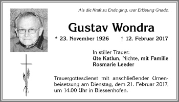 Traueranzeige von Gustav Wondra von Allgäuer Zeitung, Kaufbeuren/Buchloe