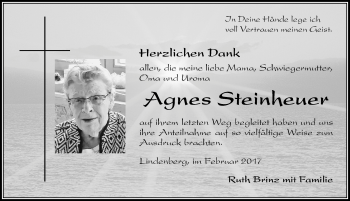 Traueranzeige von Agnes Steinheuer von Der Westallgäuer