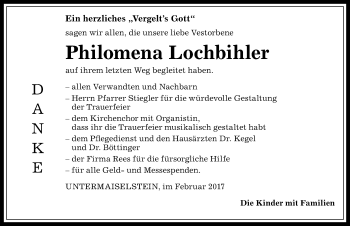 Traueranzeige von Philomena Lochbihler von Allgäuer Anzeigeblatt