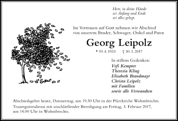 Traueranzeige von Georg Leipolz von Der Westallgäuer