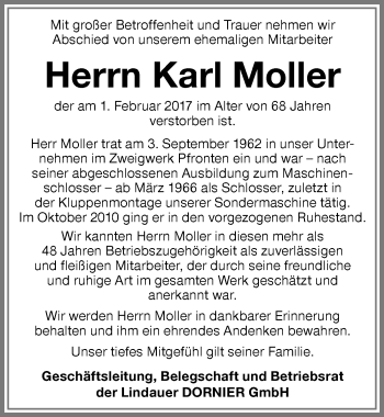 Traueranzeige von Karl Moller von Allgäuer Zeitung, Füssen