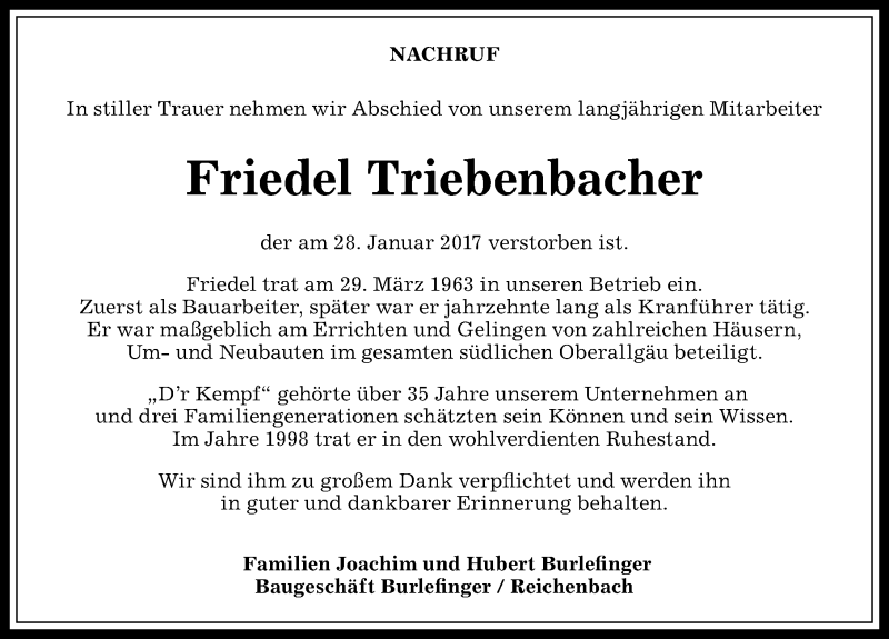  Traueranzeige für Friedel Triebenbacher vom 07.02.2017 aus Allgäuer Anzeigeblatt