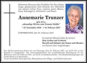 Traueranzeige von Annemarie Trunzer von Allgäuer Anzeigeblatt