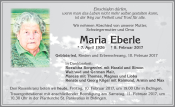Traueranzeige von Maria Eberle von Allgäuer Zeitung, Marktoberdorf