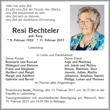 Traueranzeige von Resi Bechteler von Allgäuer Zeitung,Kempten