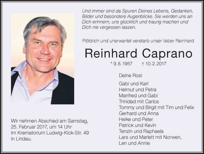  Traueranzeige für Reinhard Caprano vom 16.02.2017 aus Der Westallgäuer