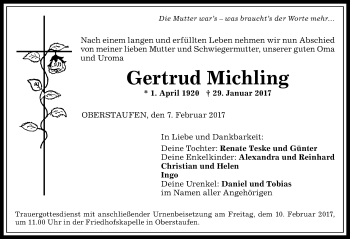 Traueranzeige von Gertrud Michling von Allgäuer Anzeigeblatt