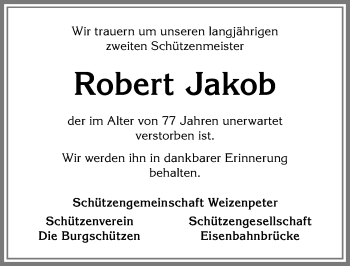 Traueranzeige von Robert Jakob von Allgäuer Zeitung,Kempten