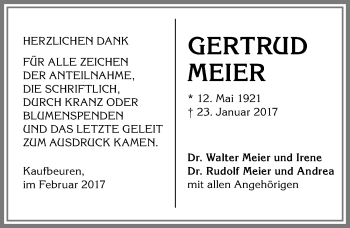 Traueranzeige von Gertrud Meier von Allgäuer Zeitung, Kaufbeuren/Buchloe
