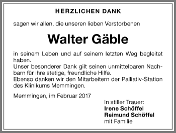 Traueranzeige von Walter Gäble von Memminger Zeitung