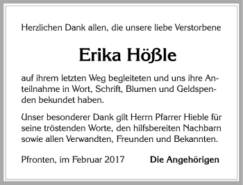 Traueranzeige von Erika Hößle von Allgäuer Zeitung, Füssen