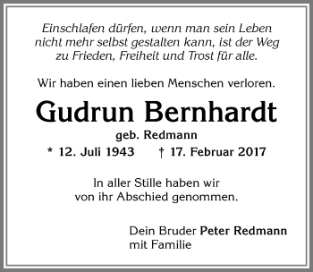 Traueranzeige von Gudrun Bernhardt von Allgäuer Zeitung,Kempten