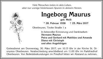 Traueranzeige von Ingeborg Maurus von Allgäuer Zeitung, Kaufbeuren/Buchloe