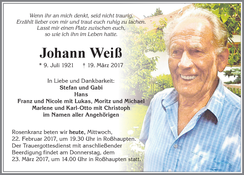  Traueranzeige für Johann Weiß vom 22.03.2017 aus Allgäuer Zeitung, Füssen