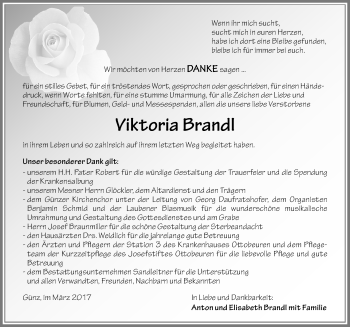 Traueranzeige von Viktoria Brandl von Memminger Zeitung